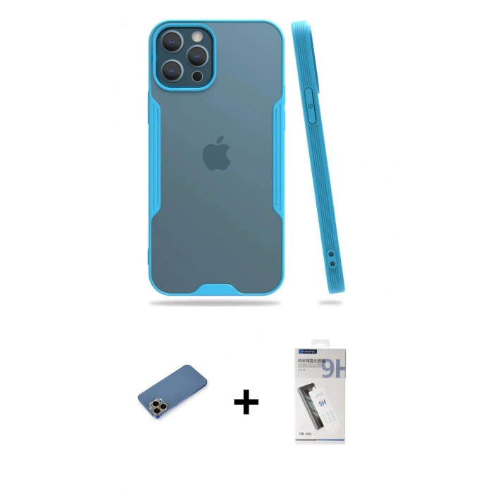 MARSİLYAN™- iPhone 12 Pro Max Kılıf Atlas Asil Serisi - Şeffaf Uv Polymer Nano Ekran Koruyucu + Gold Shine Kamera Lens Koruma Cam