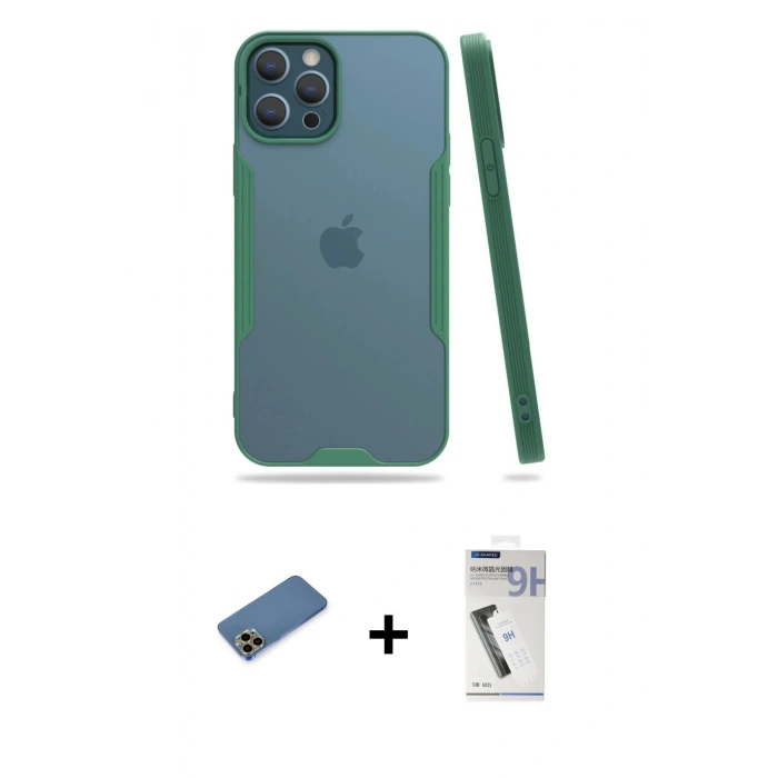 MARSİLYAN™- iPhone 12 Pro Max Kılıf Atlas Asil Serisi - Şeffaf Uv Polymer Nano Ekran Koruyucu + Gold Shine Kamera Lens Koruma Cam