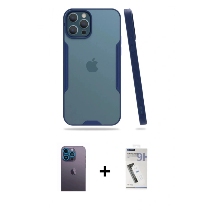MARSİLYAN™- iPhone 12 Pro Max Kılıf Atlas Asil Serisi - Şeffaf Uv Polymer Nano Ekran Koruyucu + Mavi Neon Fosforlu Kamera Lens