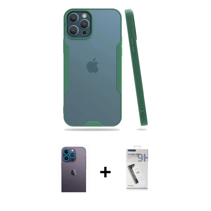 MARSİLYAN™- iPhone 12 Pro Max Kılıf Atlas Asil Serisi - Şeffaf Uv Polymer Nano Ekran Koruyucu + Mavi Neon Fosforlu Kamera Lens
