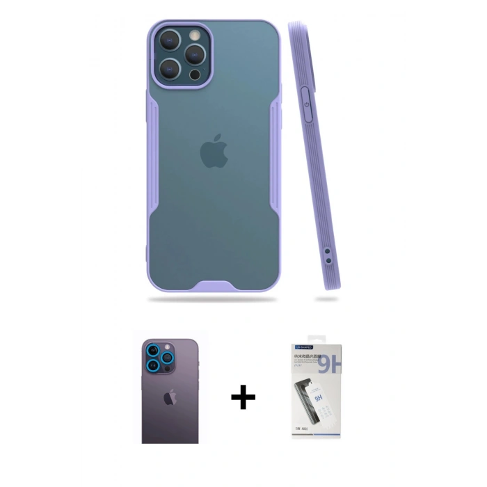 MARSİLYAN™- iPhone 12 Pro Max Kılıf Atlas Asil Serisi - Şeffaf Uv Polymer Nano Ekran Koruyucu + Mavi Neon Fosforlu Kamera Lens