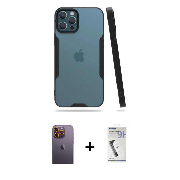MARSİLYAN™- iPhone 12 Pro Max Kılıf Atlas Asil Serisi - Şeffaf Uv Polymer Nano Ekran Koruyucu + Neon Fosforlu Kamera Lens - SI