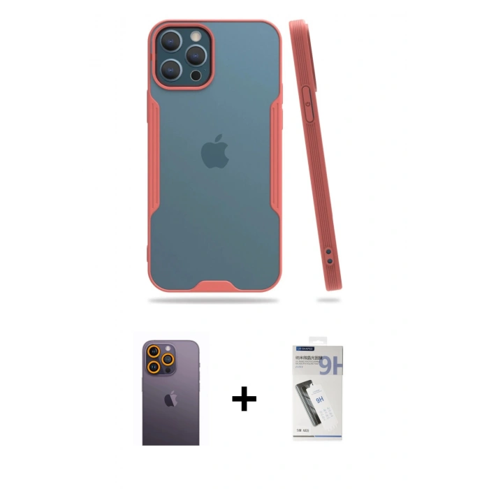 MARSİLYAN™- iPhone 12 Pro Max Kılıf Atlas Asil Serisi - Şeffaf Uv Polymer Nano Ekran Koruyucu + Neon Fosforlu Kamera Lens - SI