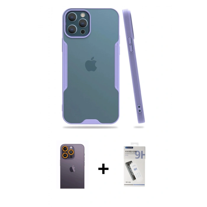 MARSİLYAN™- iPhone 12 Pro Max Kılıf Atlas Asil Serisi - Şeffaf Uv Polymer Nano Ekran Koruyucu + Neon Fosforlu Kamera Lens - SI