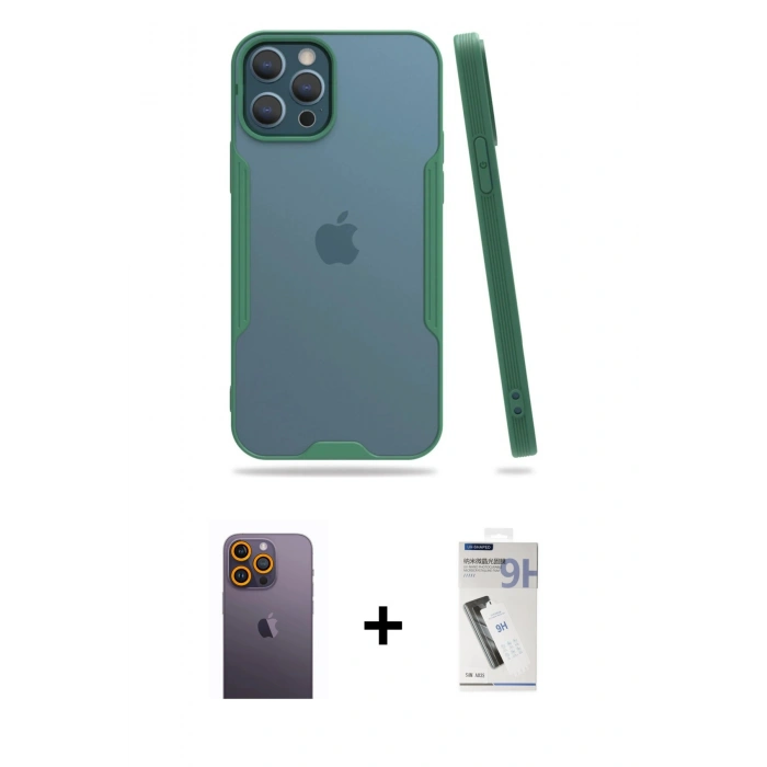 MARSİLYAN™- iPhone 12 Pro Max Kılıf Atlas Asil Serisi - Şeffaf Uv Polymer Nano Ekran Koruyucu + Neon Fosforlu Kamera Lens - SI