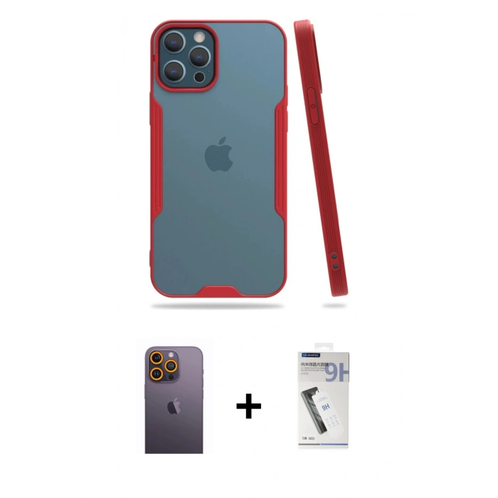 MARSİLYAN™- iPhone 12 Pro Max Kılıf Atlas Asil Serisi - Şeffaf Uv Polymer Nano Ekran Koruyucu + Neon Fosforlu Kamera Lens - SI