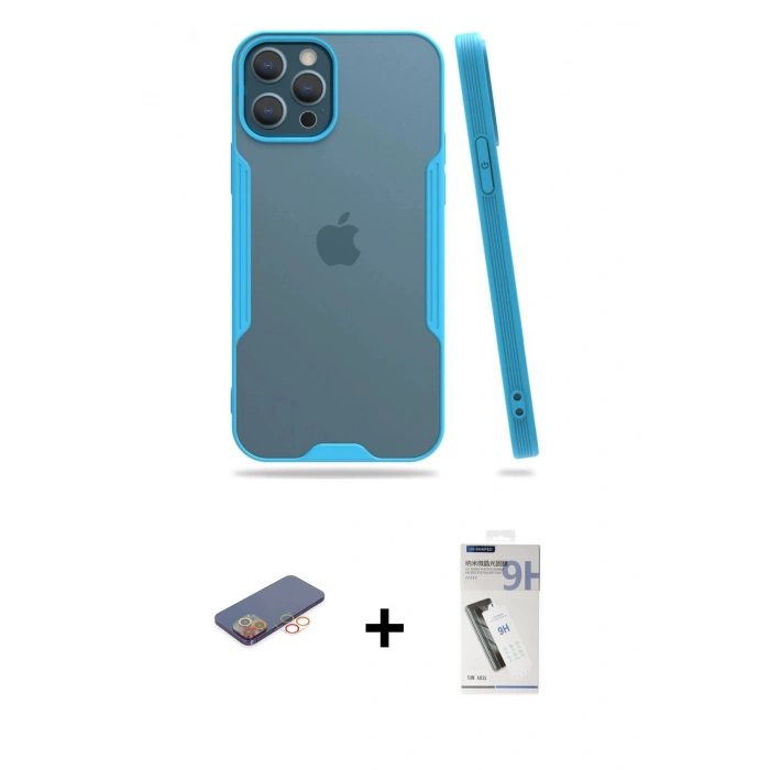 MARSİLYAN™- iPhone 12 Pro Max Kılıf Atlas Asil Serisi - Şeffaf Uv Polymer Nano Ekran Koruyucu + Renkli Kamera Lens Koruma Cam - TU
