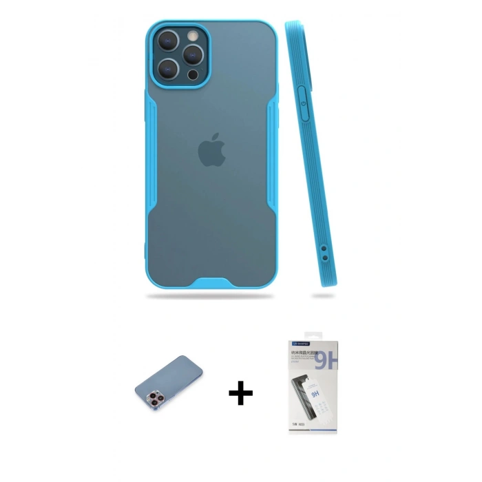 MARSİLYAN™- iPhone 12 Pro Max Kılıf Atlas Asil Serisi - Şeffaf Uv Polymer Nano Ekran Koruyucu + Shine Kamera Lens Koruma Cam - PE