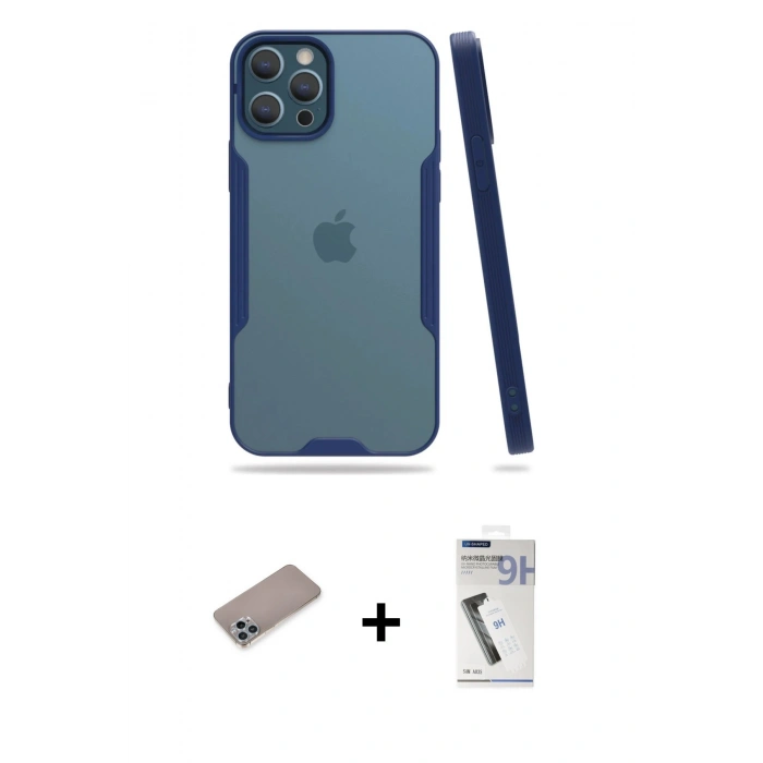 MARSİLYAN™- iPhone 12 Pro Max Kılıf Atlas Asil Serisi - Şeffaf Uv Polymer Nano Ekran Koruyucu + Shine Kamera Lens Koruma Cam - SABE