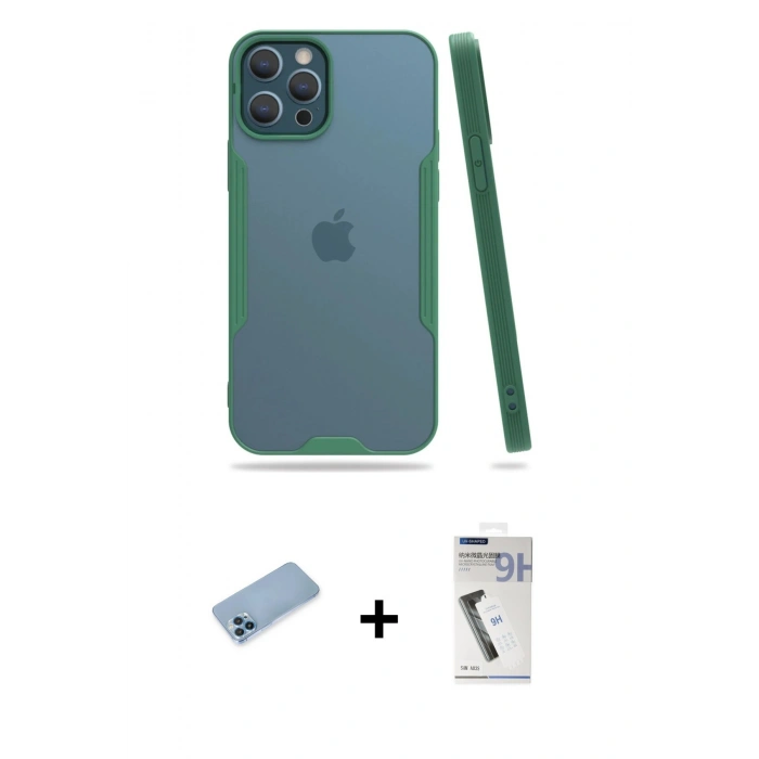 MARSİLYAN™- iPhone 12 Pro Max Kılıf Atlas Asil Serisi - Şeffaf Uv Polymer Nano Ekran Koruyucu + Shine Kamera Lens Koruma Cam - MI