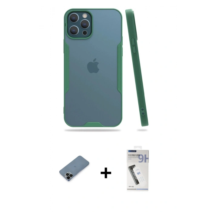 MARSİLYAN™- iPhone 12 Pro Max Kılıf Atlas Asil Serisi - Şeffaf Uv Polymer Nano Ekran Koruyucu + Shine Kamera Lens Koruma Cam - SH