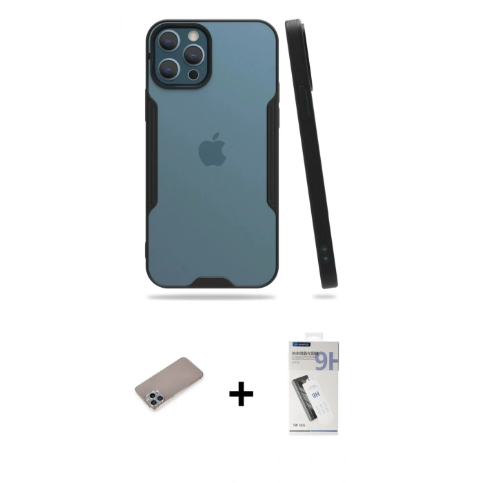 MARSİLYAN™- iPhone 12 Pro Max Kılıf Atlas Asil Serisi - Şeffaf Uv Polymer Nano Ekran Koruyucu + Shine Kamera Lens Koruma Cam - SABE