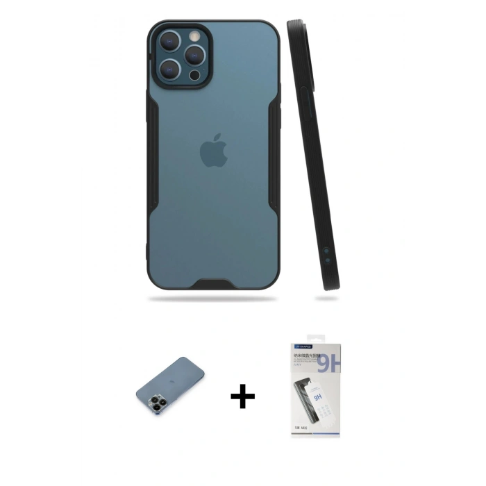 MARSİLYAN™- iPhone 12 Pro Max Kılıf Atlas Asil Serisi - Şeffaf Uv Polymer Nano Ekran Koruyucu + Shine Kamera Lens Koruma Cam - SH