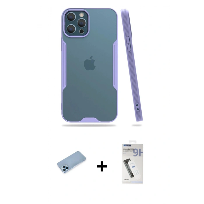 MARSİLYAN™- iPhone 12 Pro Max Kılıf Atlas Asil Serisi - Şeffaf Uv Polymer Nano Ekran Koruyucu + Shine Kamera Lens Koruma Cam - MI