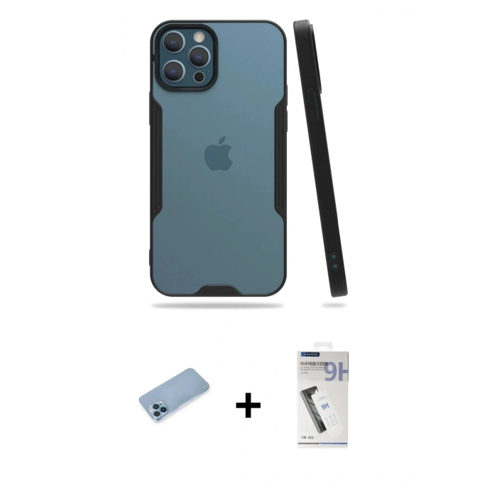 MARSİLYAN™- iPhone 12 Pro Max Kılıf Atlas Asil Serisi - Şeffaf Uv Polymer Nano Ekran Koruyucu + Shine Kamera Lens Koruma Cam - MI