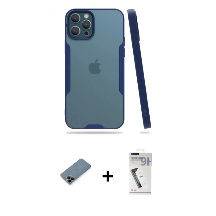 MARSİLYAN™- iPhone 12 Pro Max Kılıf Atlas Asil Serisi - Şeffaf Uv Polymer Nano Ekran Koruyucu + Siyah Shine Kamera Lens Koruma Cam