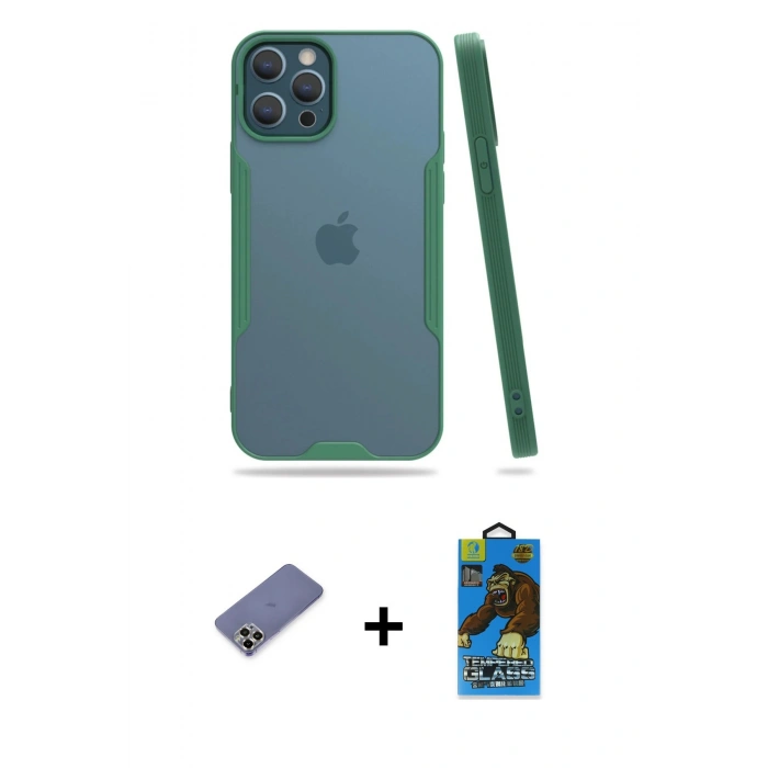 MARSİLYAN™- iPhone 12 Pro Max Kılıf Atlas Asil Serisi - Siyah 18D Cam Ekran Koruyucu + Metal Kamera Lens Koruma Cam - GD