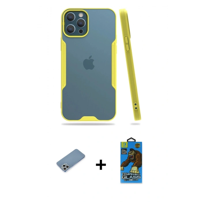MARSİLYAN™- iPhone 12 Pro Max Kılıf Atlas Asil Serisi - Siyah 18D Cam Ekran Koruyucu + Shine Kamera Lens Koruma Cam - GS