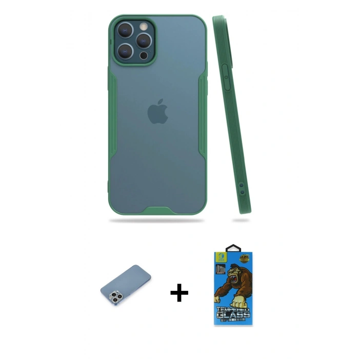 MARSİLYAN™- iPhone 12 Pro Max Kılıf Atlas Asil Serisi - Siyah 18D Cam Ekran Koruyucu + Shine Kamera Lens Koruma Cam - GS