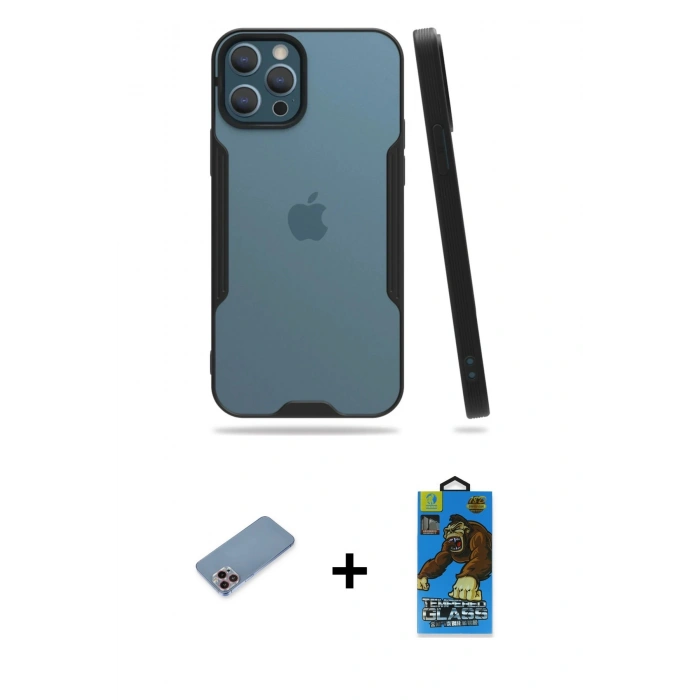 MARSİLYAN™- iPhone 12 Pro Max Kılıf Atlas Asil Serisi - Siyah 18D Cam Ekran Koruyucu + Pembe Shine Kamera Lens Koruma Cam