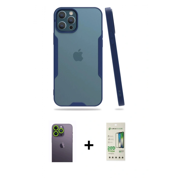 MARSİLYAN™- iPhone 12 Pro Max Kılıf Atlas Asil Serisi - Siyah 20D Premium Cam Ekran Koruyucu + Neon Fosforlu Kamera Lens - YL