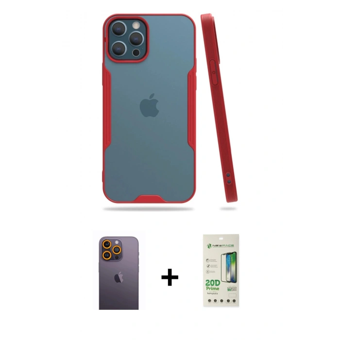 MARSİLYAN™- iPhone 12 Pro Max Kılıf Atlas Asil Serisi - Siyah 20D Premium Cam Ekran Koruyucu + Neon Fosforlu Kamera Lens - SI