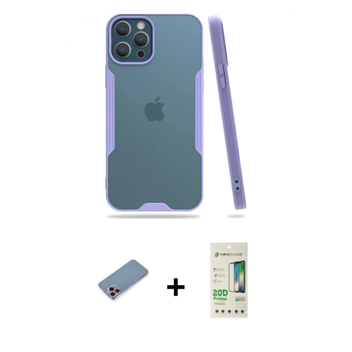 MARSİLYAN™- iPhone 12 Pro Max Kılıf Atlas Asil Serisi - Siyah 20D Premium Cam Ekran Koruyucu + Pembe Shine Kamera Lens Koruma Cam