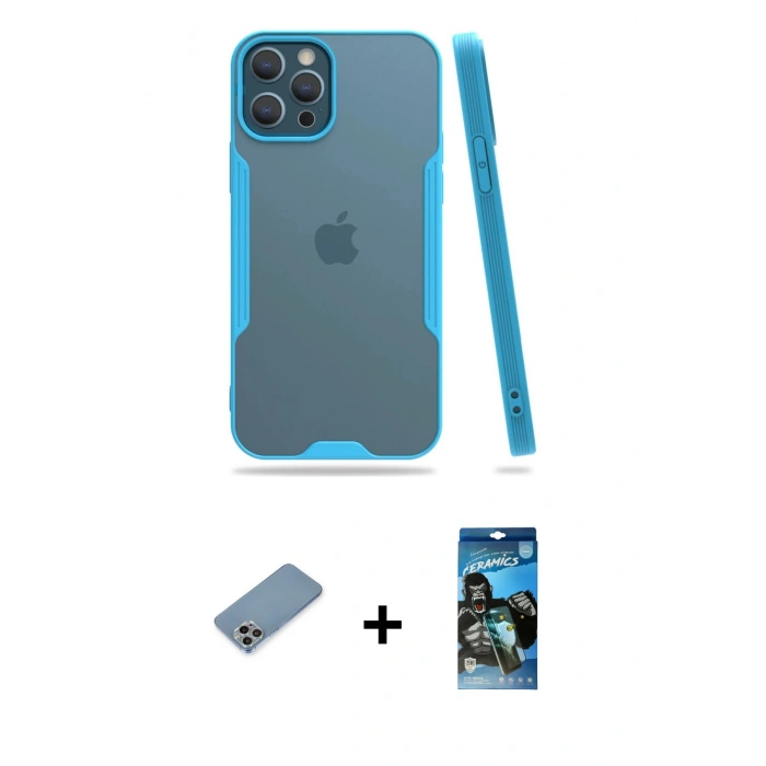 MARSİLYAN™- iPhone 12 Pro Max Kılıf Atlas Asil Serisi - Siyah 34D Izgaralı Cam + Shine Kamera Lens Koruma Cam - GI