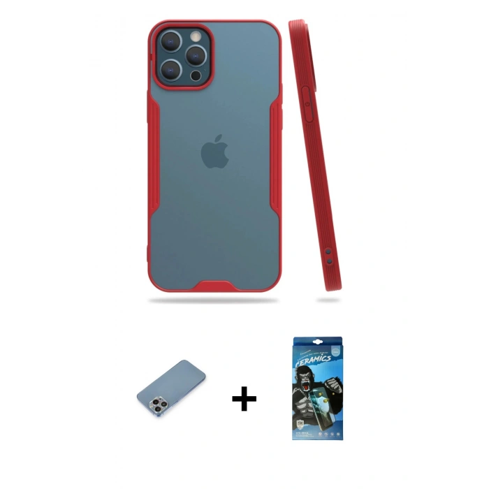 MARSİLYAN™- iPhone 12 Pro Max Kılıf Atlas Asil Serisi - Siyah 34D Izgaralı Cam + Shine Kamera Lens Koruma Cam - GI