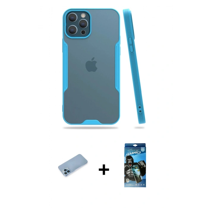 MARSİLYAN™- iPhone 12 Pro Max Kılıf Atlas Asil Serisi - Siyah 34D Izgaralı Cam + Mavi Shine Kamera Lens Koruma Cam