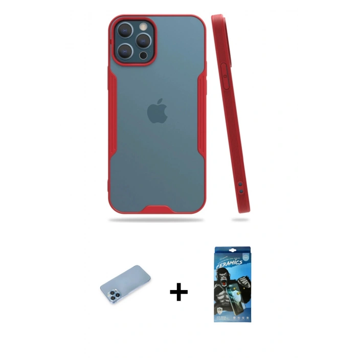 MARSİLYAN™- iPhone 12 Pro Max Kılıf Atlas Asil Serisi - Siyah 34D Izgaralı Cam + Mavi Shine Kamera Lens Koruma Cam