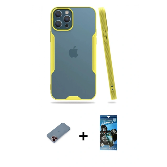 MARSİLYAN™- iPhone 12 Pro Max Kılıf Atlas Asil Serisi - Siyah 34D Izgaralı Cam + Metal Kamera Lens Koruma Cam - KI