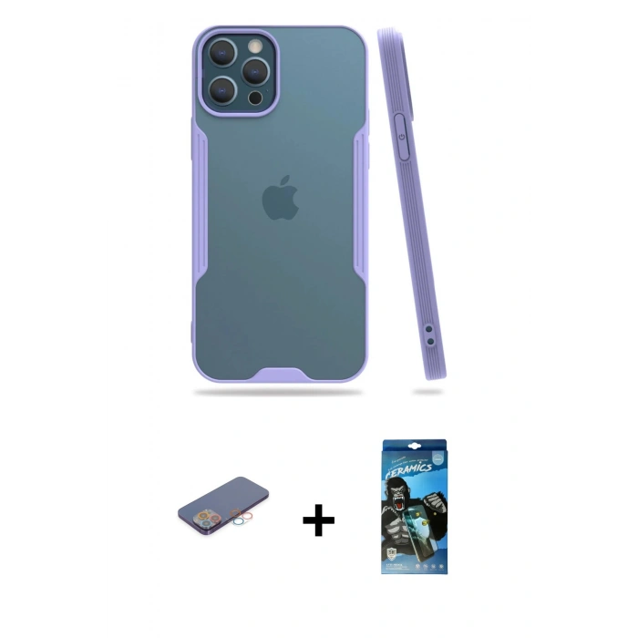 MARSİLYAN™- iPhone 12 Pro Max Kılıf Atlas Asil Serisi - Siyah 34D Izgaralı Cam + Renkli Kamera Lens Koruma Cam - PE