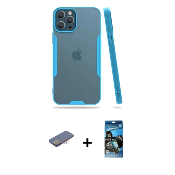 MARSİLYAN™- iPhone 12 Pro Max Kılıf Atlas Asil Serisi - Siyah 34D Izgaralı Cam + Renkli Kamera Lens Koruma Cam - PE