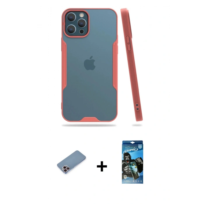MARSİLYAN™- iPhone 12 Pro Max Kılıf Atlas Asil Serisi - Siyah 34D Izgaralı Cam + Shine Kamera Lens Koruma Cam - PE