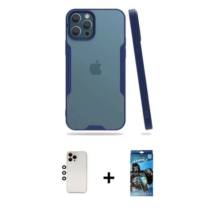 MARSİLYAN™- iPhone 12 Pro Max Kılıf Atlas Asil Serisi - Siyah 34D Izgaralı Cam + Shine Kamera Lens - GD