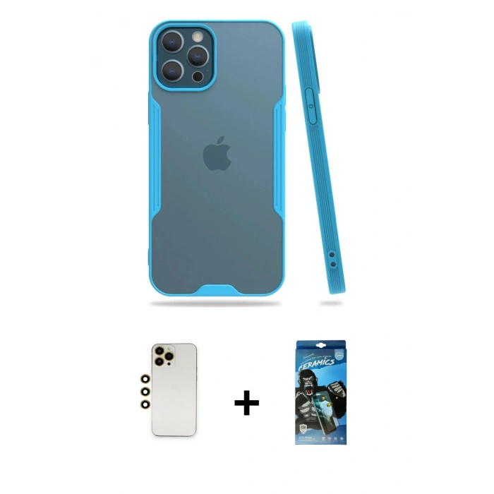 MARSİLYAN™- iPhone 12 Pro Max Kılıf Atlas Asil Serisi - Siyah 34D Izgaralı Cam + Shine Kamera Lens - GD