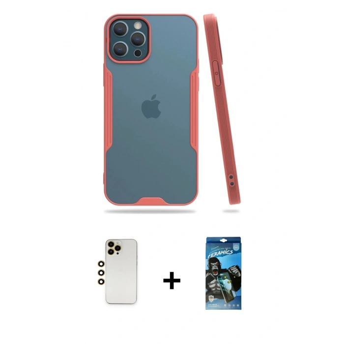 MARSİLYAN™- iPhone 12 Pro Max Kılıf Atlas Asil Serisi - Siyah 34D Izgaralı Cam + Shine Kamera Lens - GD