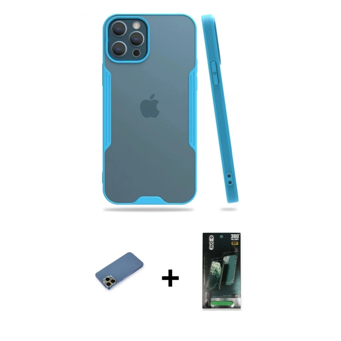 MARSİLYAN™- iPhone 12 Pro Max Kılıf Atlas Asil Serisi - Siyah 360 Mat Full Body Arka Koruyucu + Shine Kamera Lens Koruma Cam - GD