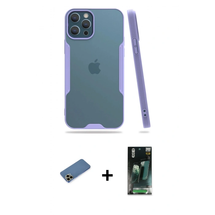 MARSİLYAN™- iPhone 12 Pro Max Kılıf Atlas Asil Serisi - Siyah 360 Mat Full Body Arka Koruyucu + Shine Kamera Lens Koruma Cam - GD