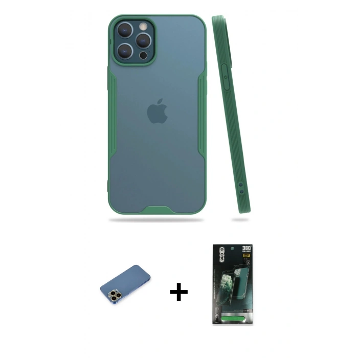 MARSİLYAN™- iPhone 12 Pro Max Kılıf Atlas Asil Serisi - Siyah 360 Mat Full Body Arka Koruyucu + Shine Kamera Lens Koruma Cam - GD