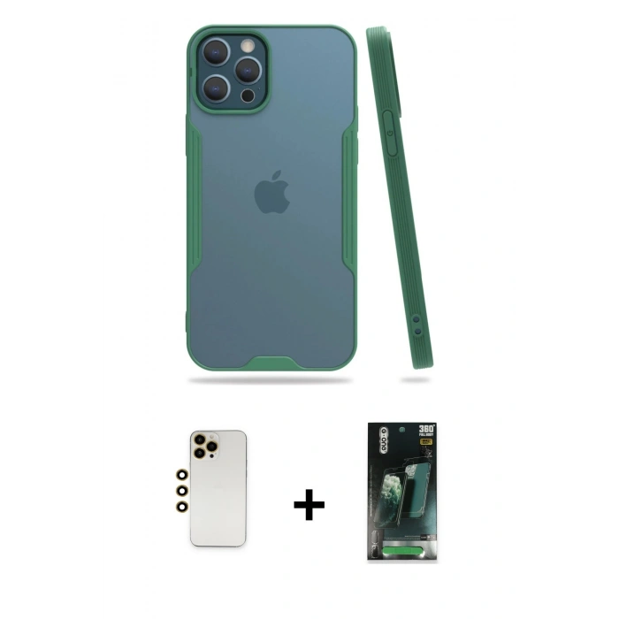 MARSİLYAN™- iPhone 12 Pro Max Kılıf Atlas Asil Serisi - Siyah 360 Mat Full Body Arka Koruyucu + Shine Kamera Lens - GD