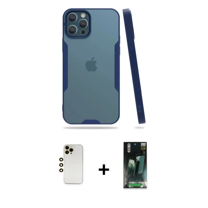 MARSİLYAN™- iPhone 12 Pro Max Kılıf Atlas Asil Serisi - Siyah 360 Mat Full Body Arka Koruyucu + Shine Kamera Lens - GD