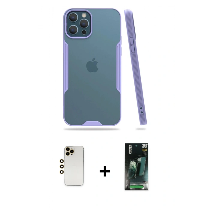 MARSİLYAN™- iPhone 12 Pro Max Kılıf Atlas Asil Serisi - Siyah 360 Mat Full Body Arka Koruyucu + Shine Kamera Lens - GD