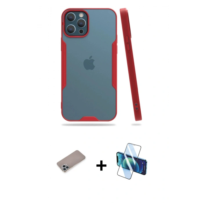 MARSİLYAN™- iPhone 12 Pro Max Kılıf Atlas Asil Serisi - Siyah 3D Antistatik Cam Ekran Koruyucu + Shine Kamera Lens Koruma Cam - SABE