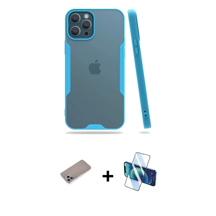MARSİLYAN™- iPhone 12 Pro Max Kılıf Atlas Asil Serisi - Siyah 3D Antistatik Cam Ekran Koruyucu + Shine Kamera Lens Koruma Cam - SABE