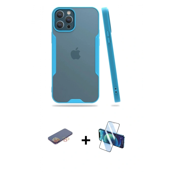 MARSİLYAN™- iPhone 12 Pro Max Kılıf Atlas Asil Serisi - Siyah 3D Antistatik Cam Ekran Koruyucu + Renkli Kamera Lens Koruma Cam - TU