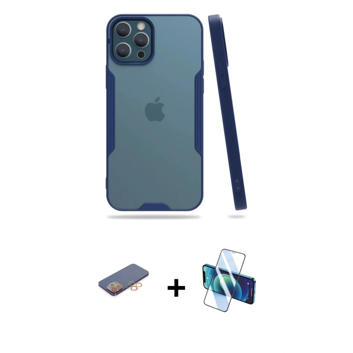 MARSİLYAN™- iPhone 12 Pro Max Kılıf Atlas Asil Serisi - Siyah 3D Antistatik Cam Ekran Koruyucu + Renkli Kamera Lens Koruma Cam - TU