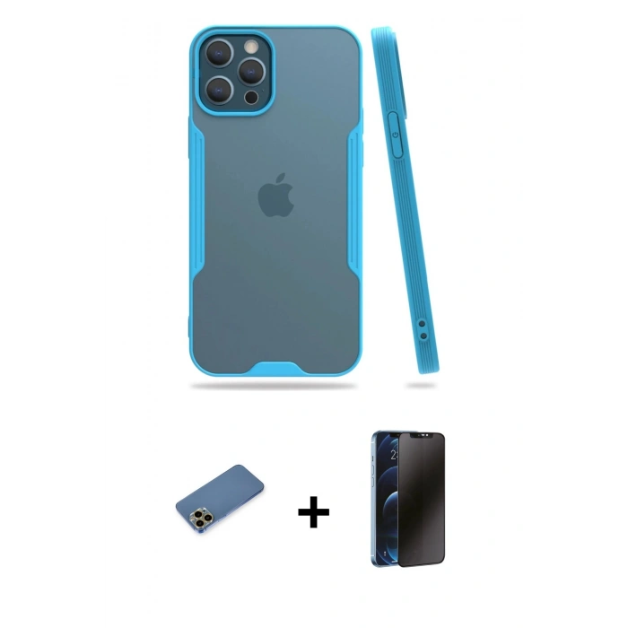 MARSİLYAN™- iPhone 12 Pro Max Kılıf Atlas Asil Serisi - Siyah 3D Antistatik Hayalet Cam Ekran Koruyucu + Shine Kamera Lens Koruma Cam - GD