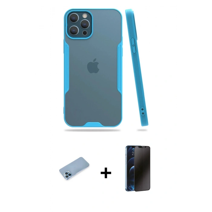 MARSİLYAN™- iPhone 12 Pro Max Kılıf Atlas Asil Serisi - Siyah 3D Antistatik Hayalet Cam Ekran Koruyucu + Shine Kamera Lens Koruma Cam - MI